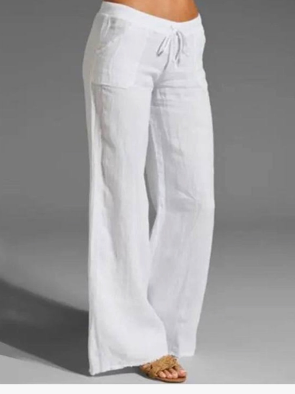 Ashley By 26 International White Drawstring Linen Pants Straight leg Sz. M EC